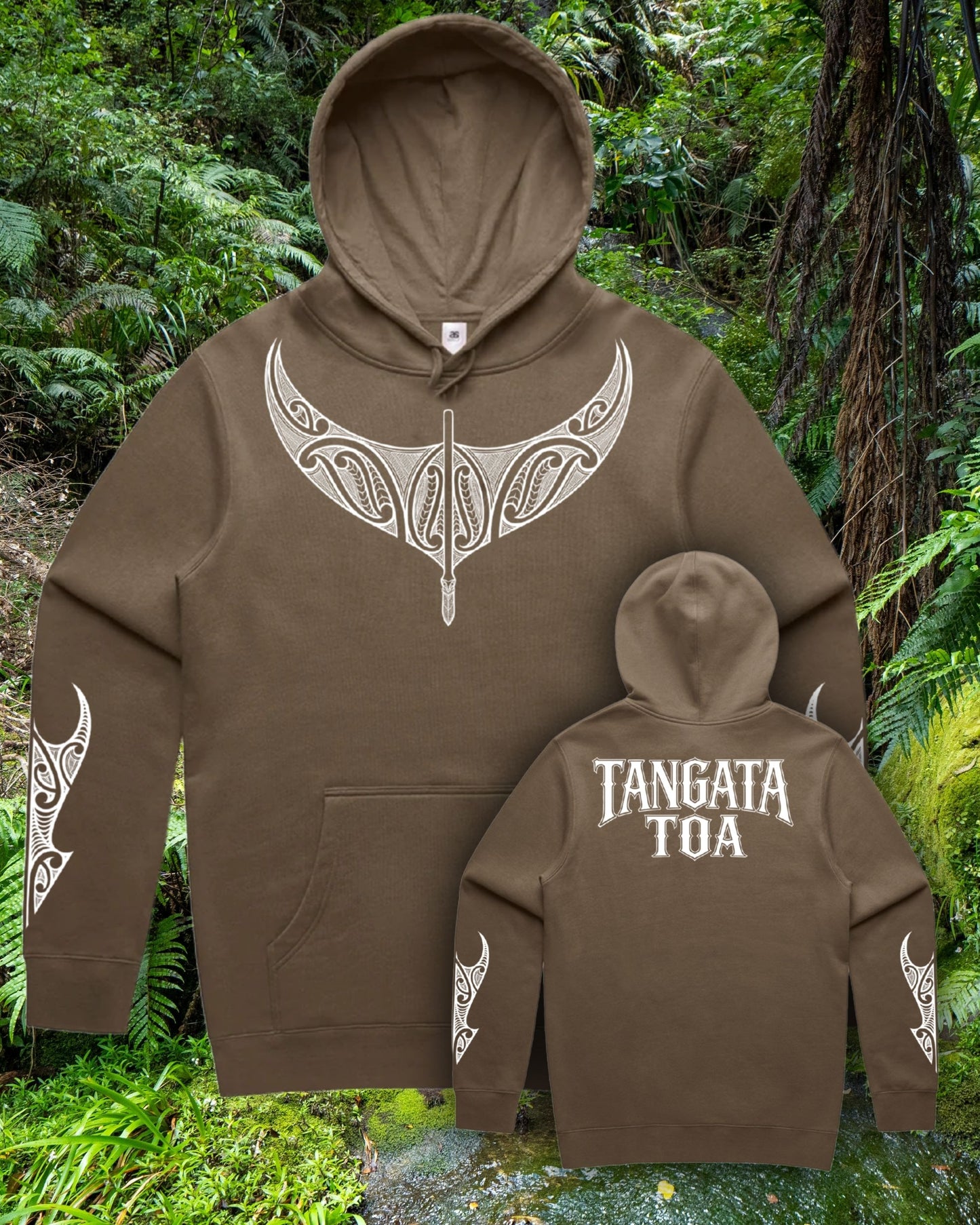 Tangata Toa Mana Hood - Brown (Adults) Aloua Vision & Print